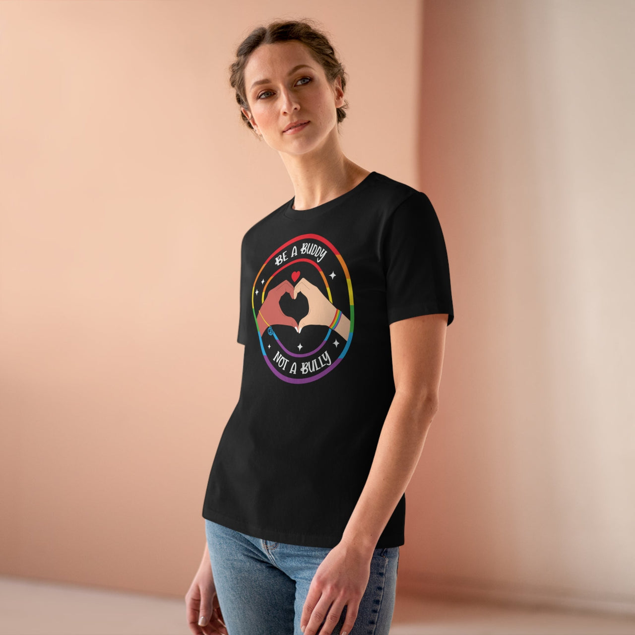 Be a Buddy Ladies Tee Black S T-Shirt by Printify | Akron Pride Custom Tees