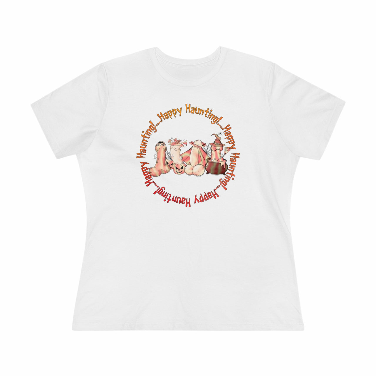 Happy Haunting Ladies Tee White S T-Shirt by Printify | Akron Pride Custom Tees