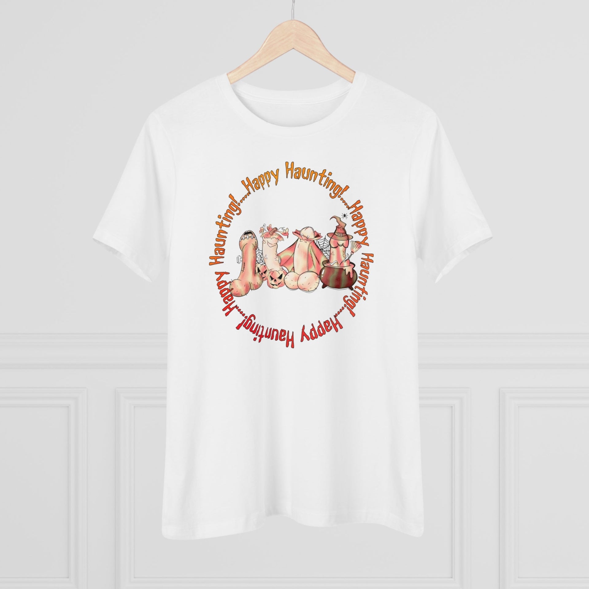 Happy Haunting Ladies Tee White T-Shirt by Printify | Akron Pride Custom Tees