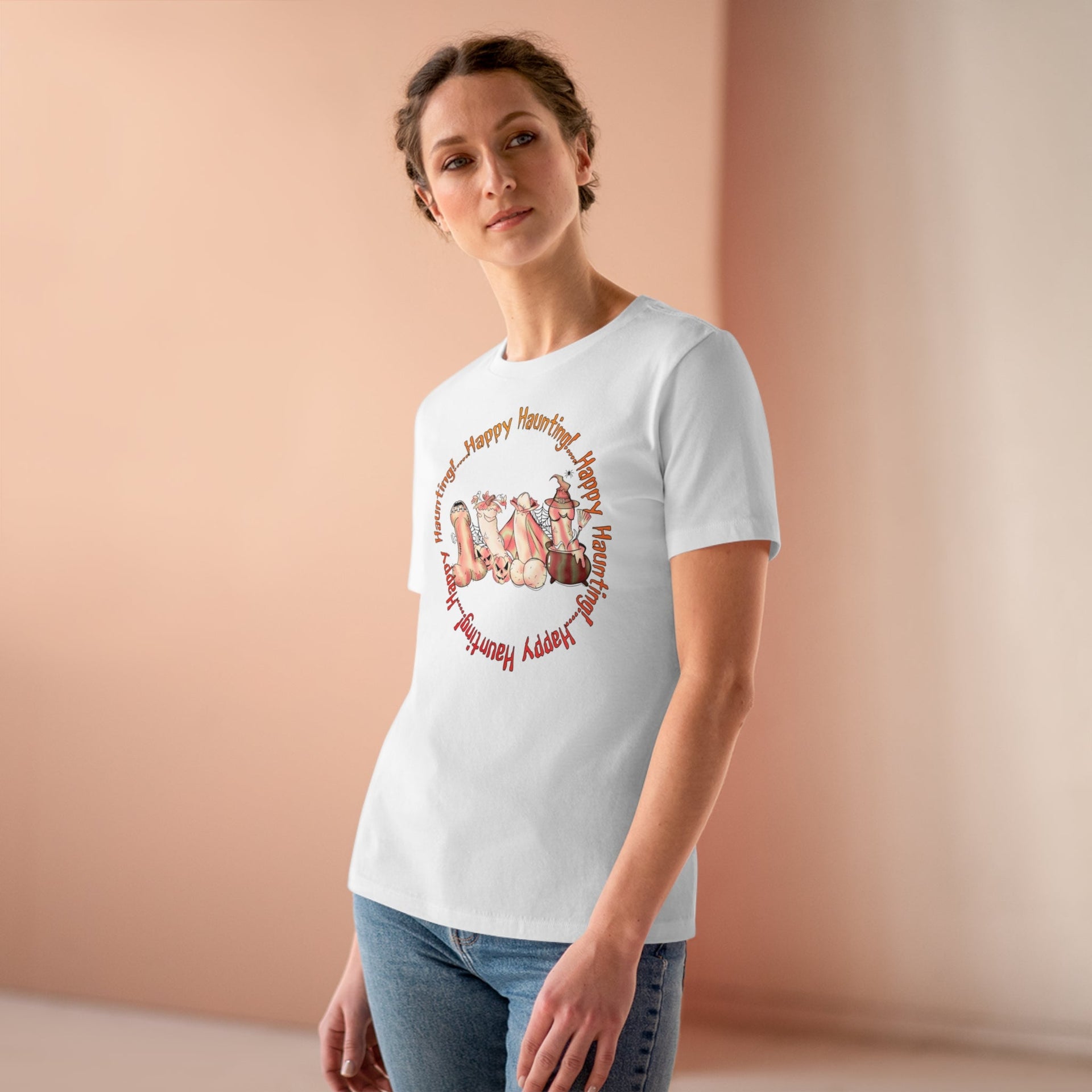 Happy Haunting Ladies Tee White T-Shirt by Printify | Akron Pride Custom Tees